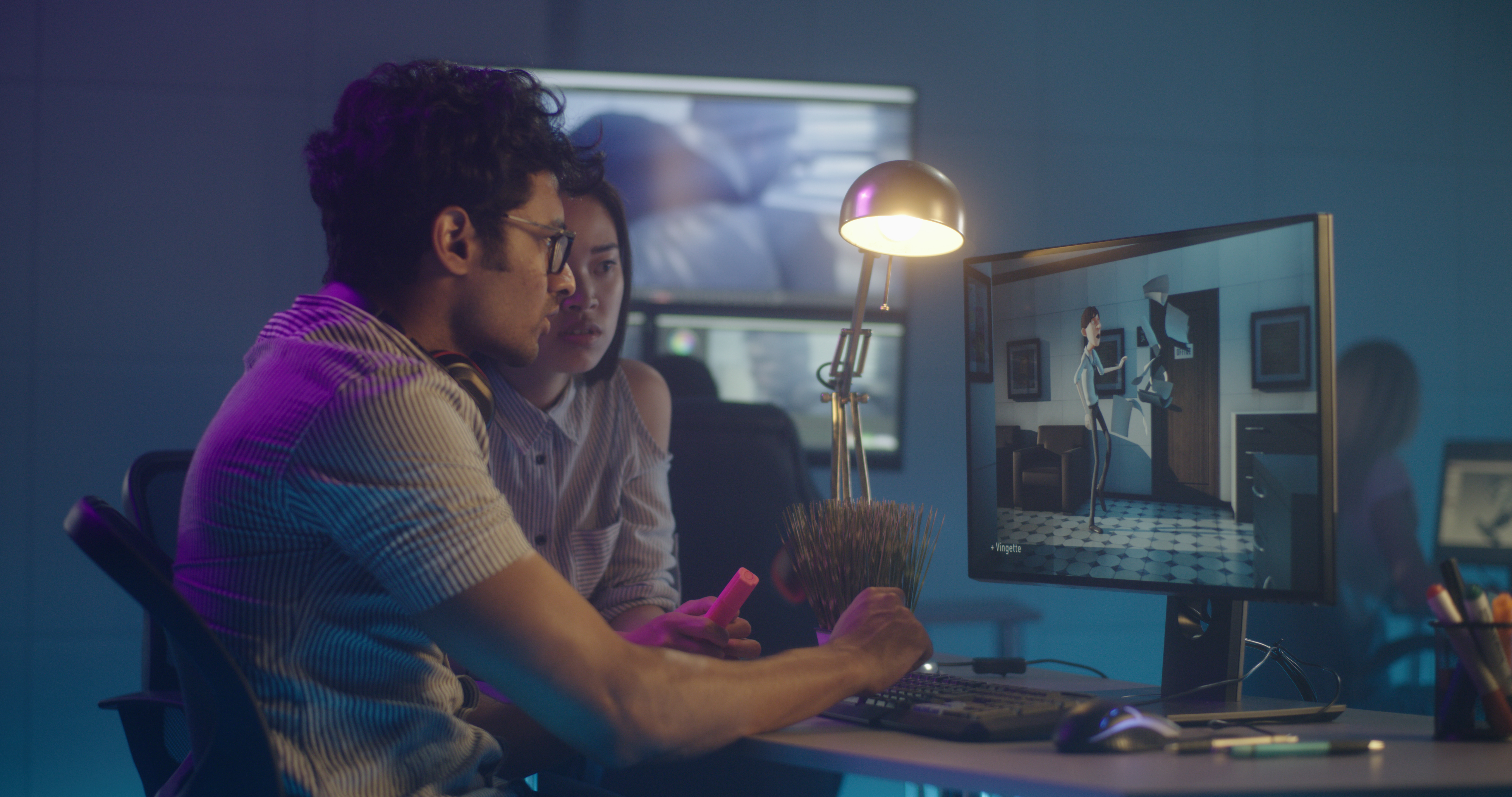 Linum featured image for Microsoft for Startups blog post titled Unlocking visual storytelling with AI of a medium shot of two artist discussing over animation