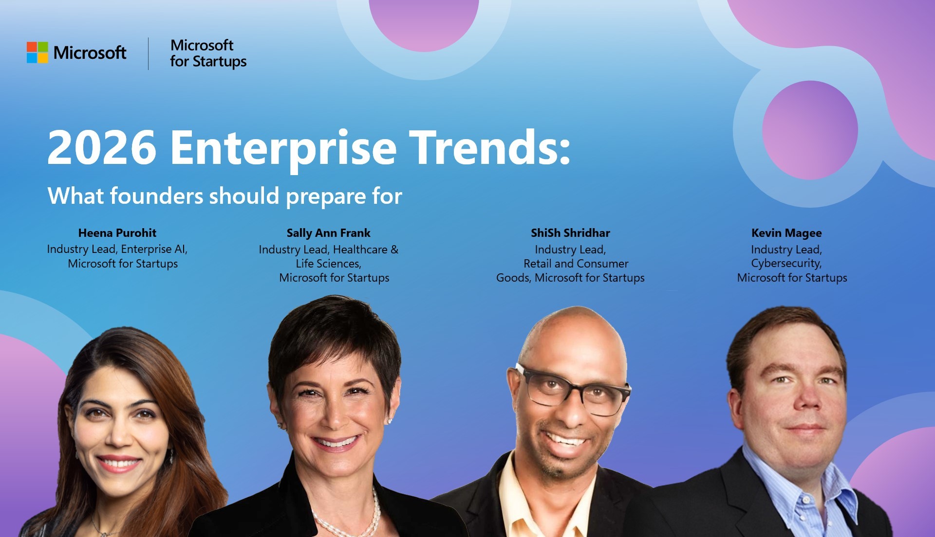 Graphic with the headshots of Henna Purohit, Sally Ann Frank, Shish Shridhar, and Kevin Magee, that reads 2026 Enterprise trends: what founders should prepare for