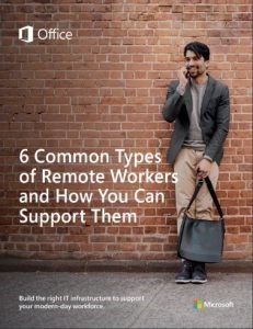 Une image avec un homme avec un cellulaire et l'énoncé : 6 types courants de télétravailleurs en anglais.