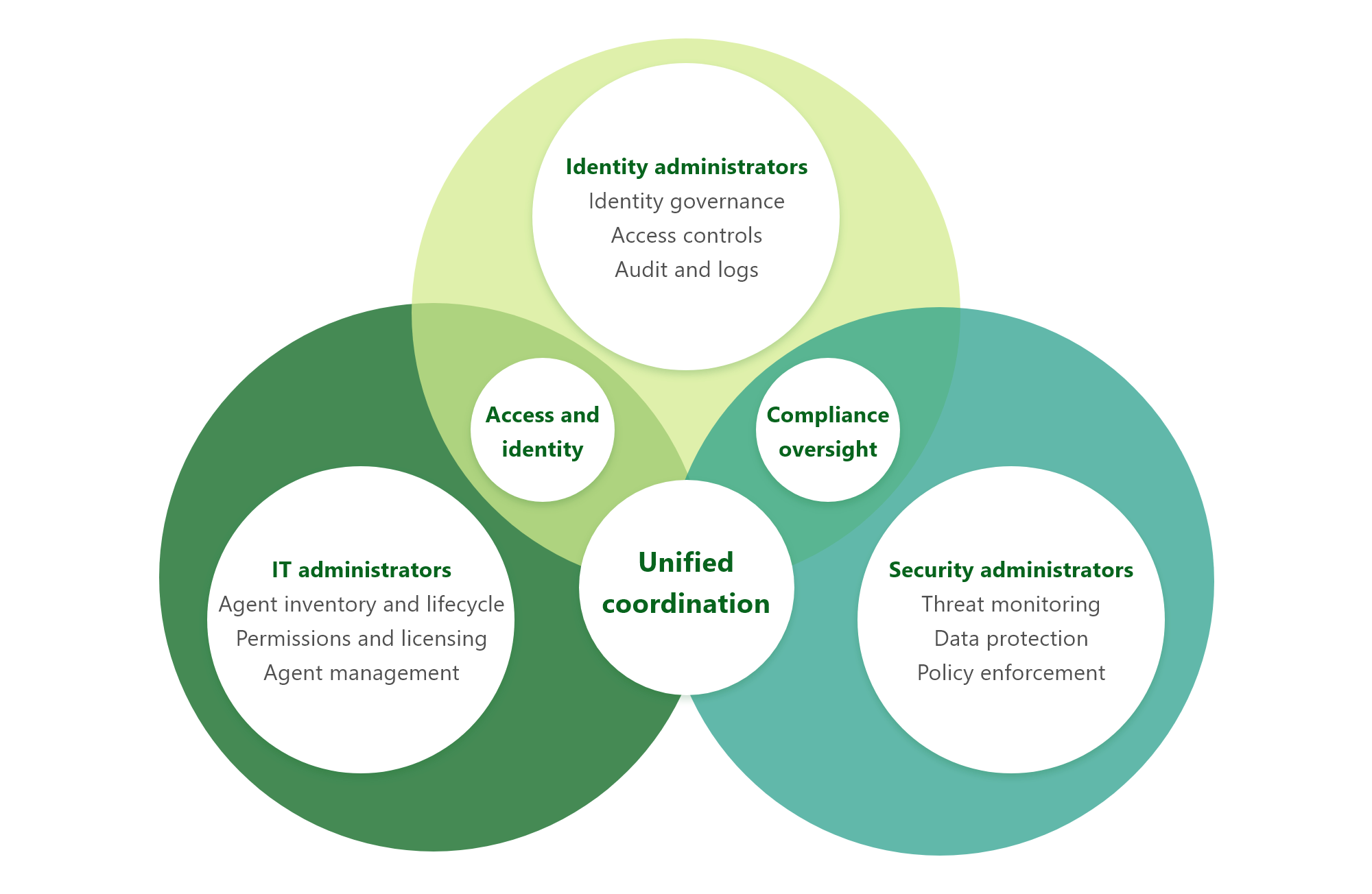 A three-part Venn diagram featuring areas where Agent 365 breaks down silos between different agent administration roles: IT, identity, and security.