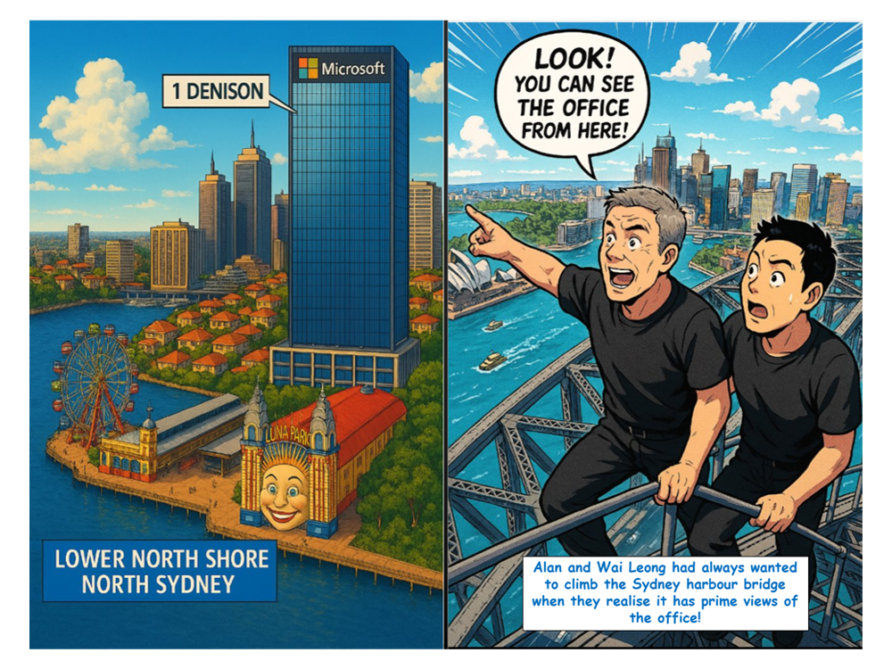 AI-generated comic-book panels showing Microsoft Digital leaders in Sydney, including a view of the North Sydney office building and the Sydney Harbour Bridge.