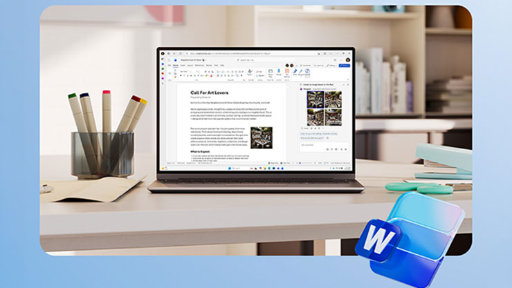 机の上に置かれたノートパソコンがMicrosoft Wordのドキュメントを表示しており、ドキュメントの作成を示している。
